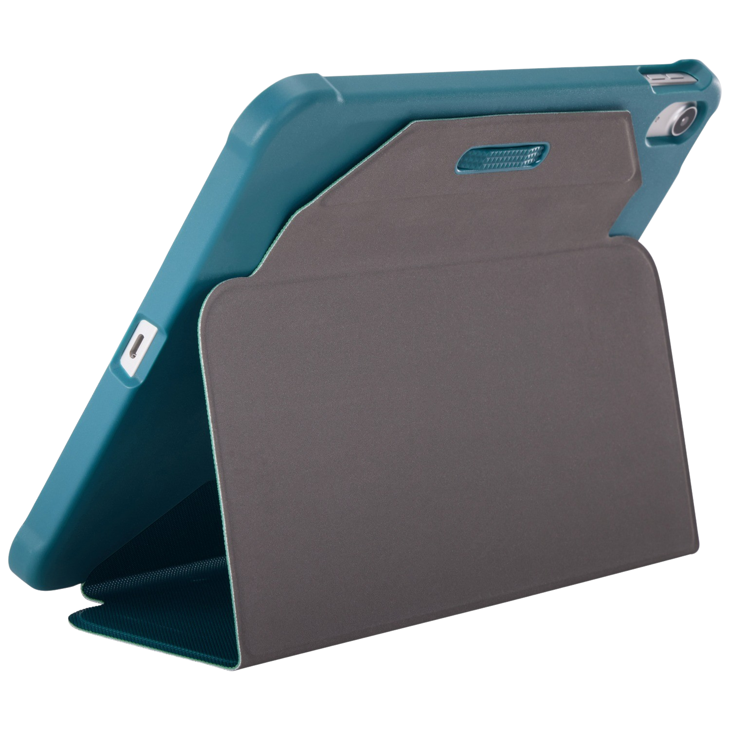 Teal tablet case with a dark gray cover. Tablet is set up, angled towards the viewer.