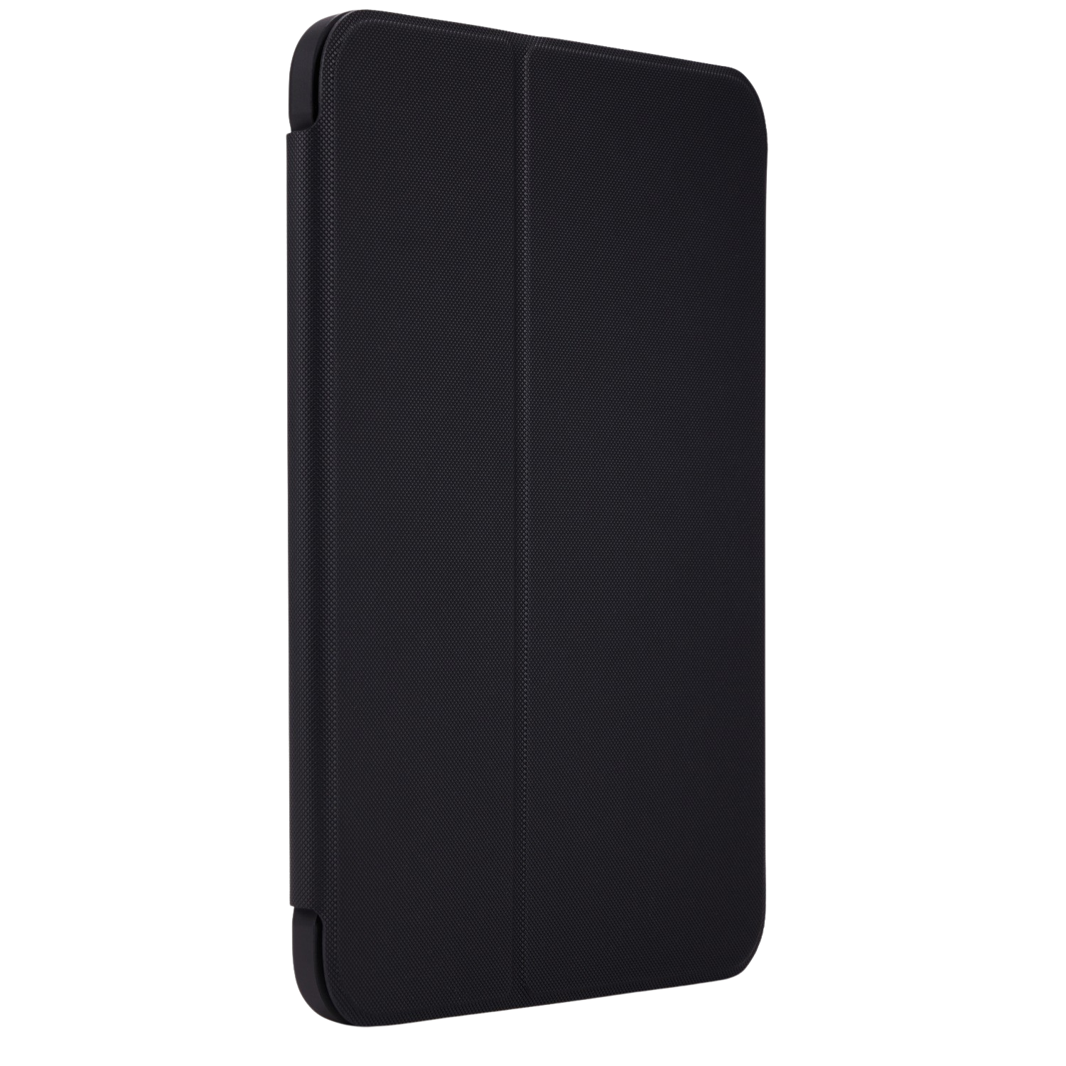 A black tablet case, closed, standing upright against a black background. The case is textured.