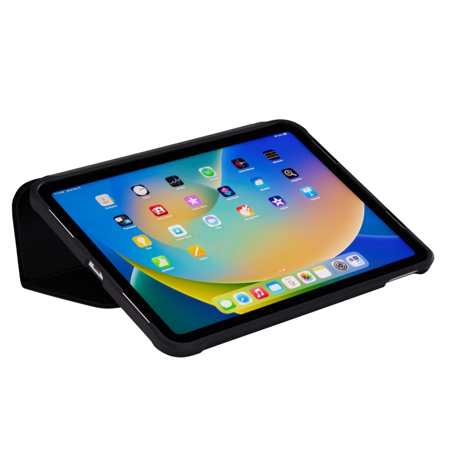 An iPad in a black case, propped up, angled view.