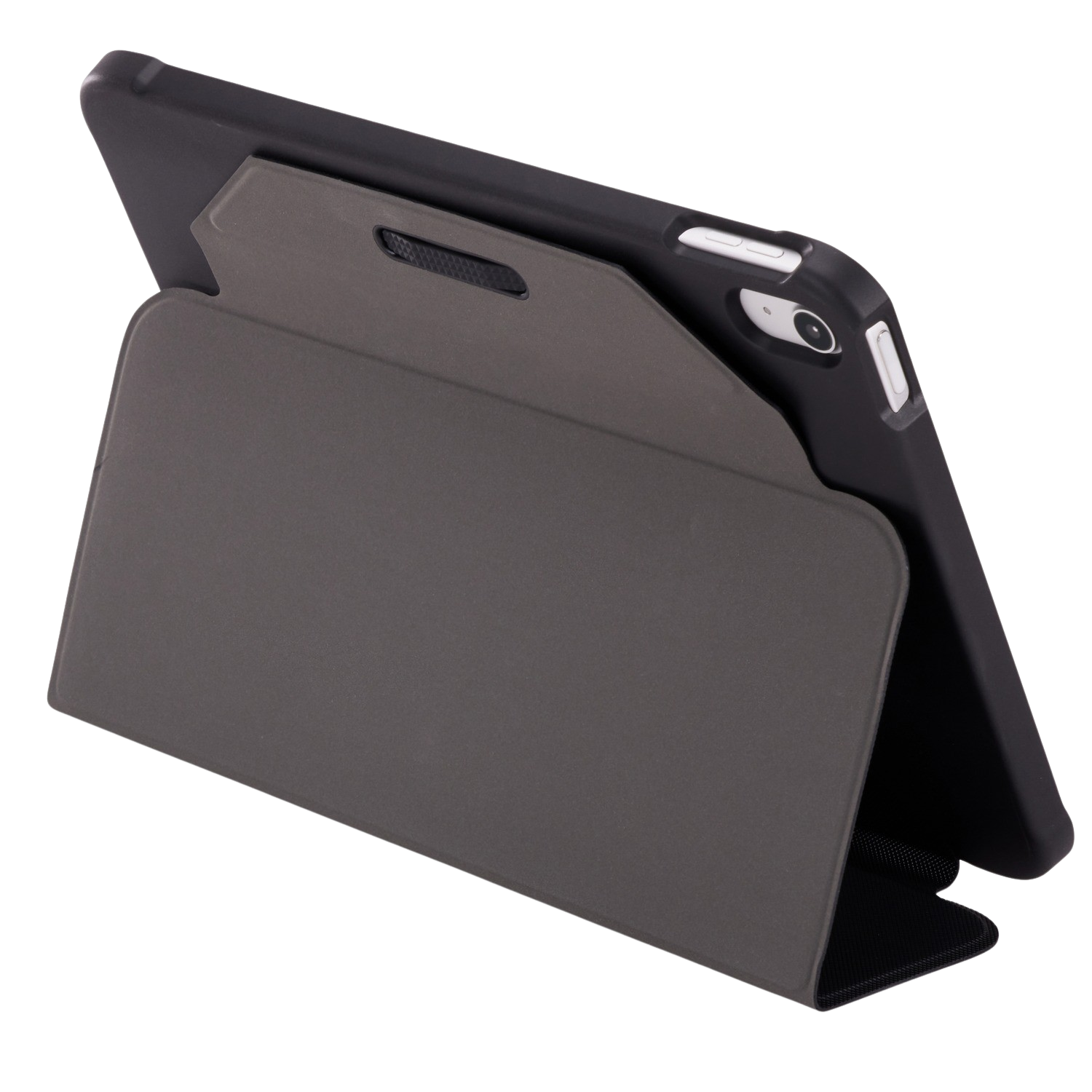 Tablet in a gray case, propped up. Black tablet with camera.
