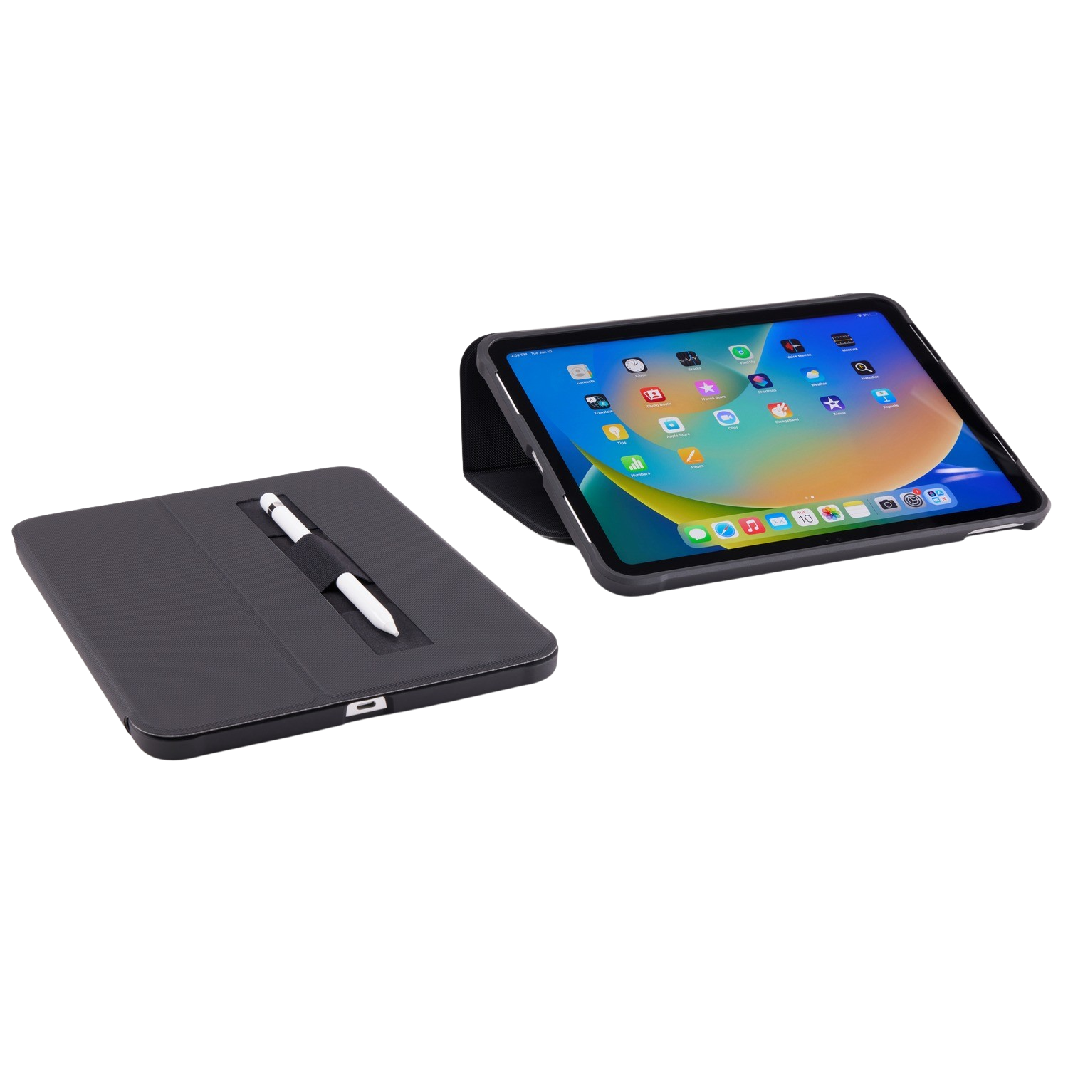Tablet in a case with a stylus. Case is closed and open, displaying the tablet.