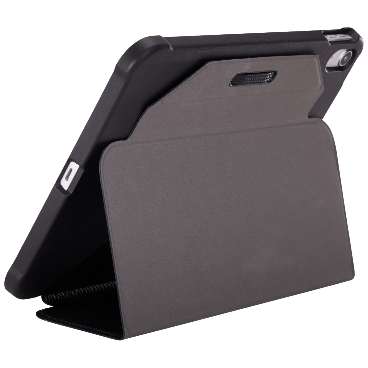 Black tablet case with a dark gray stand. Tablet is angled towards the viewer.