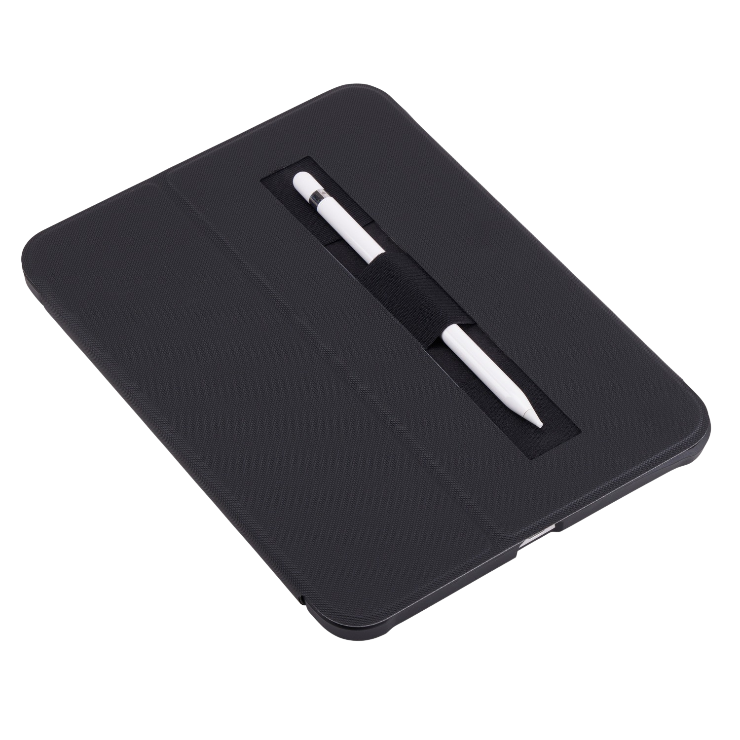 Black tablet cover with a white stylus inserted in a black elastic band.