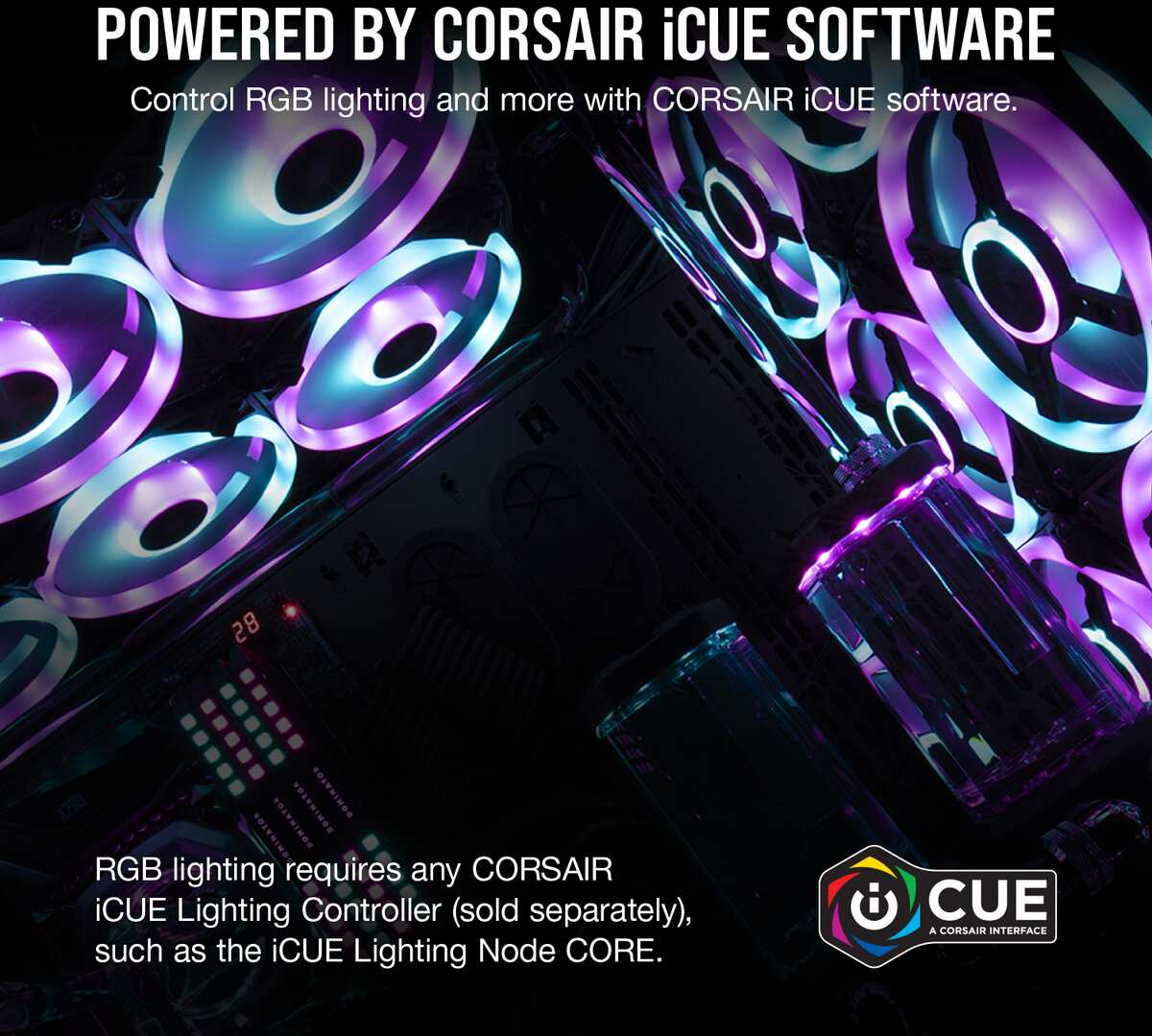 Componenti del computer illuminati da RGB con testo: Powered by Corsair iCUE.