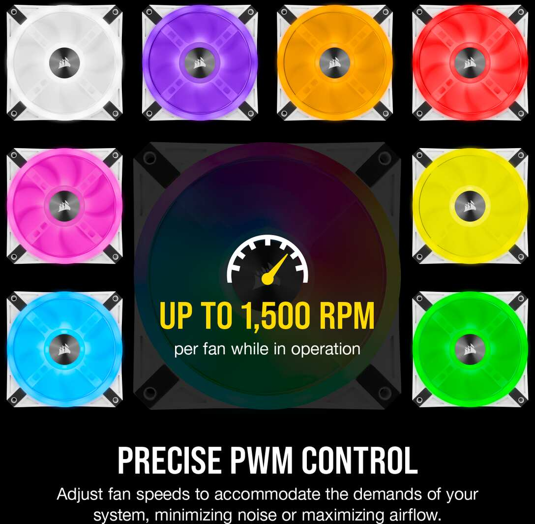 Ventole RGB con vari colori. Testo: fino a 1.500 RPM, controllo PWM preciso.