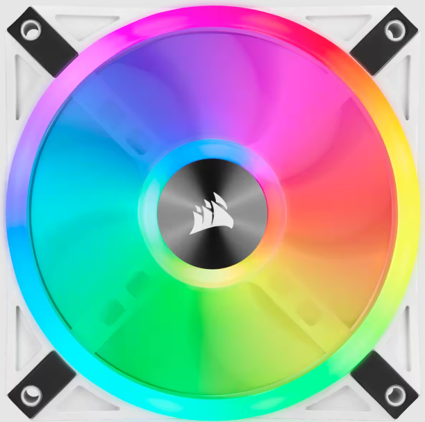 Una ventola per computer con luci LED multicolore. Ha una cornice bianca e un centro nero.
