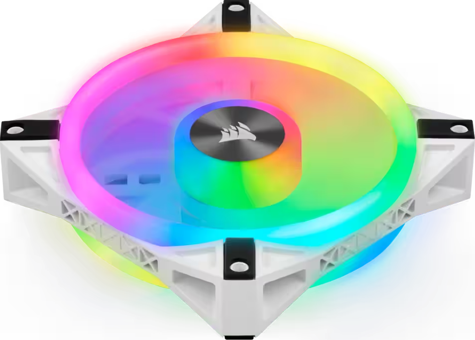 Ventola per computer con telaio bianco e ventola colorata illuminata ad arcobaleno.