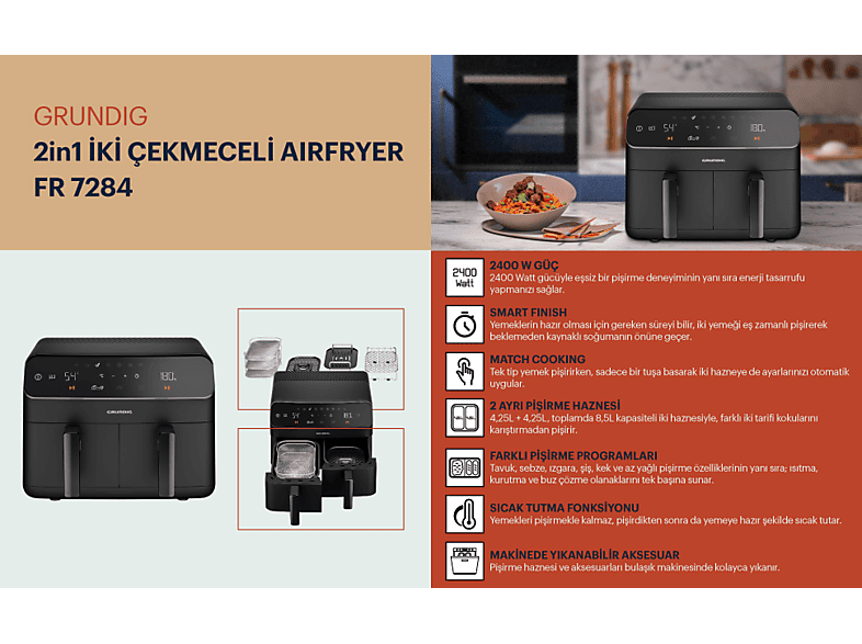 GRUNDIG FR 7284 AirFit Twin 8.5 l Çiftli Airfryer_8