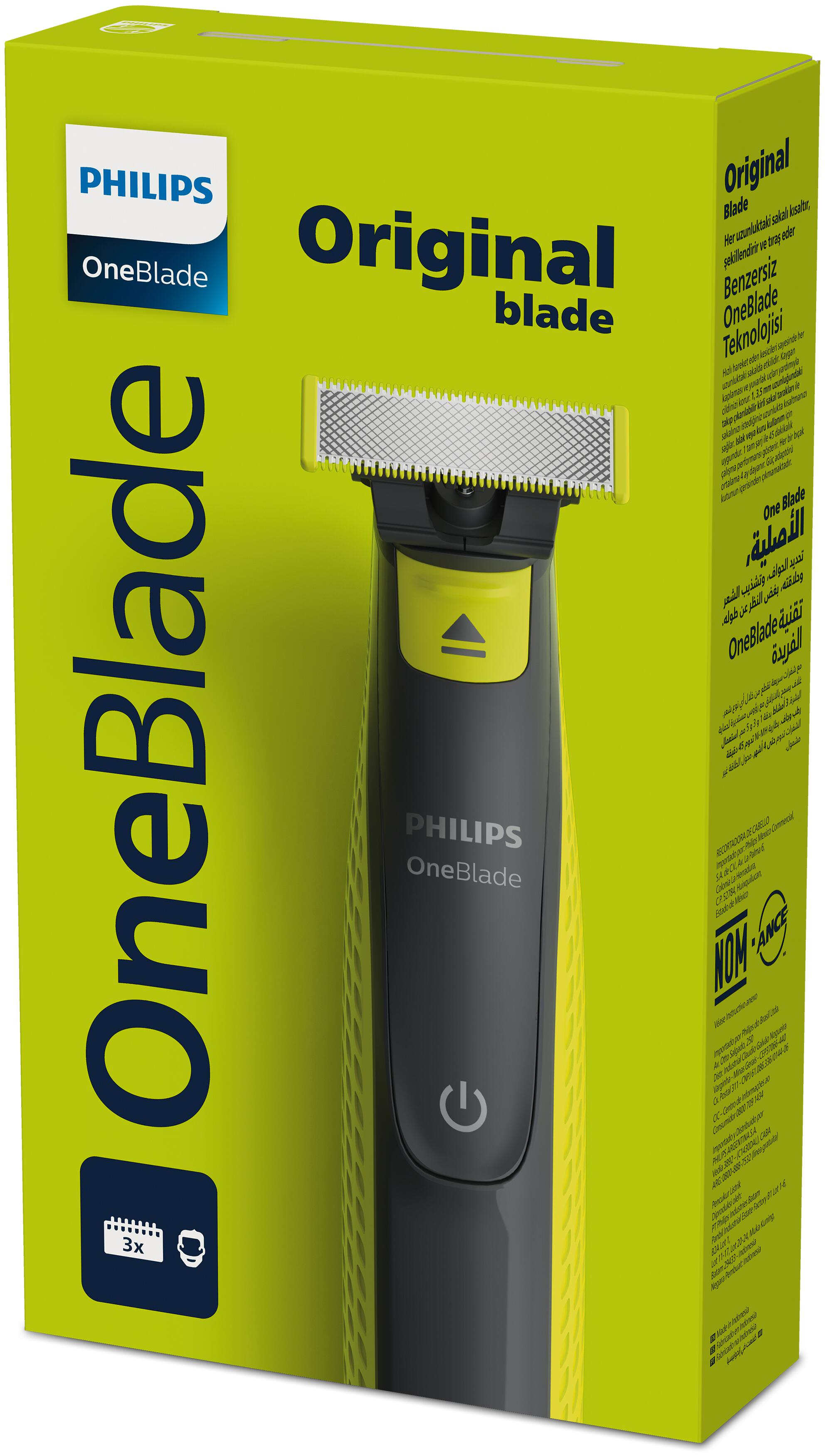 Kutulu Philips OneBlade tıraş makinesi, tıraş makinesi görülebilir. Yeşil ve sarı renk şeması.