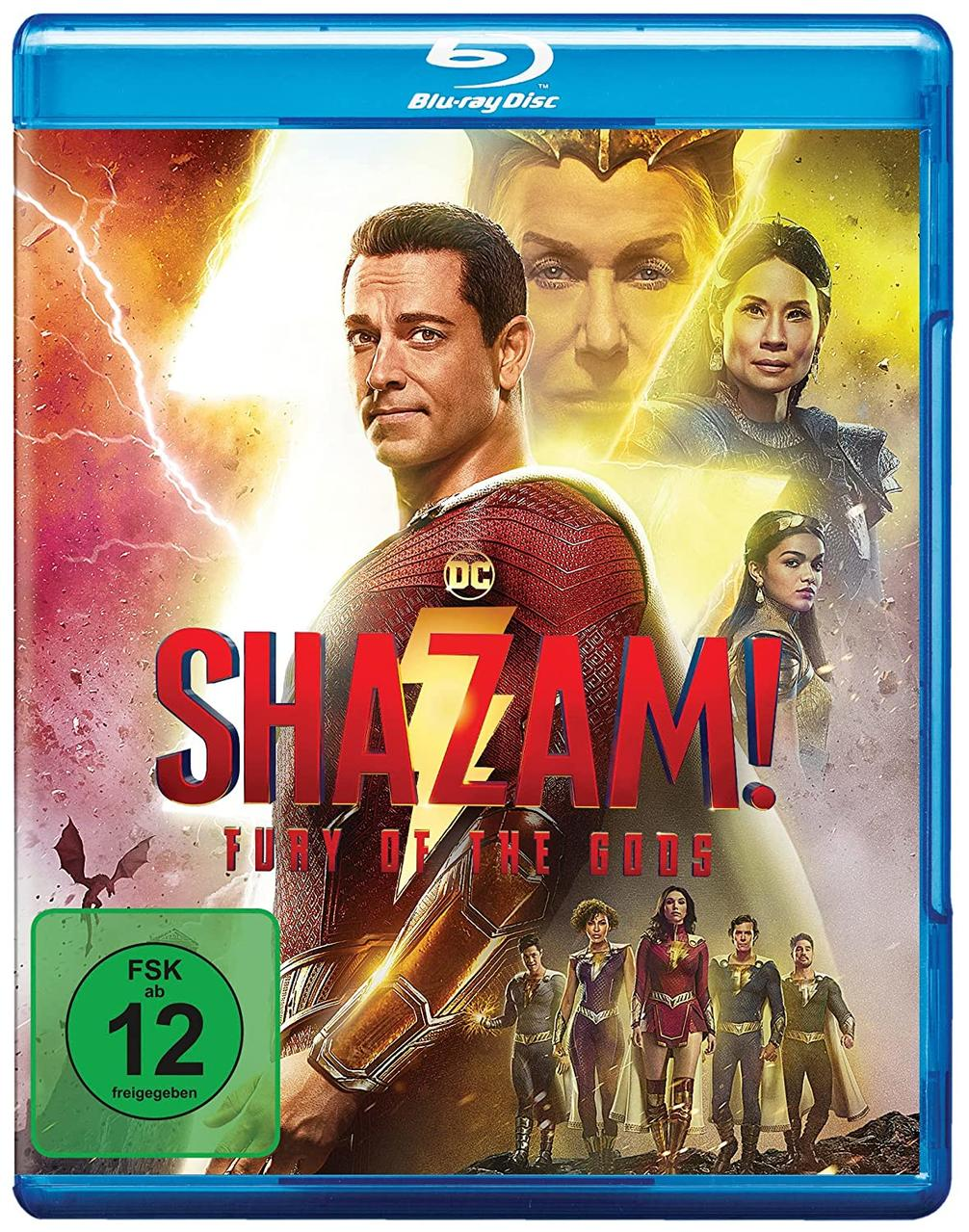 Blu-ray-Disc-Cover für 'Shazam! Fury of the Gods'. Zeigt Schauspieler und Bewertung.