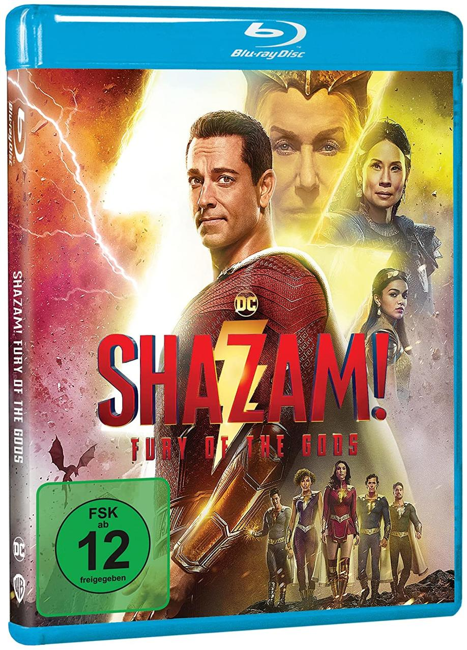 Blu-ray-Disc-Cover für 'Shazam! Fury of the Gods' mit Schauspielern und Grafiken.