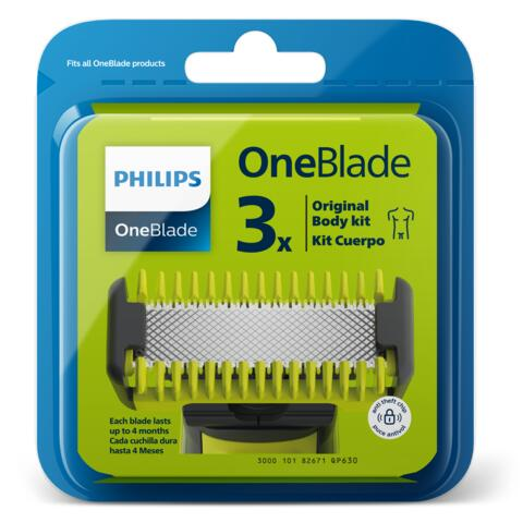 Mavi ve yeşil bir ambalajda bir Philips OneBlade yedek kiti.