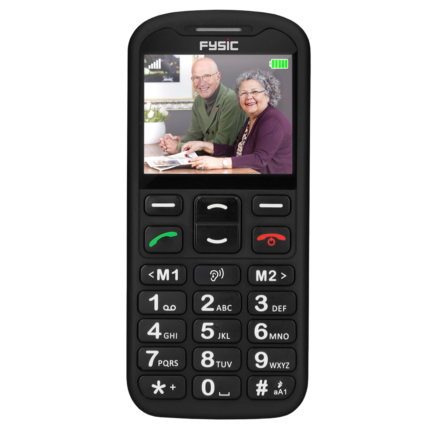 A black mobile phone with a large display, showing a video call with elderly people.