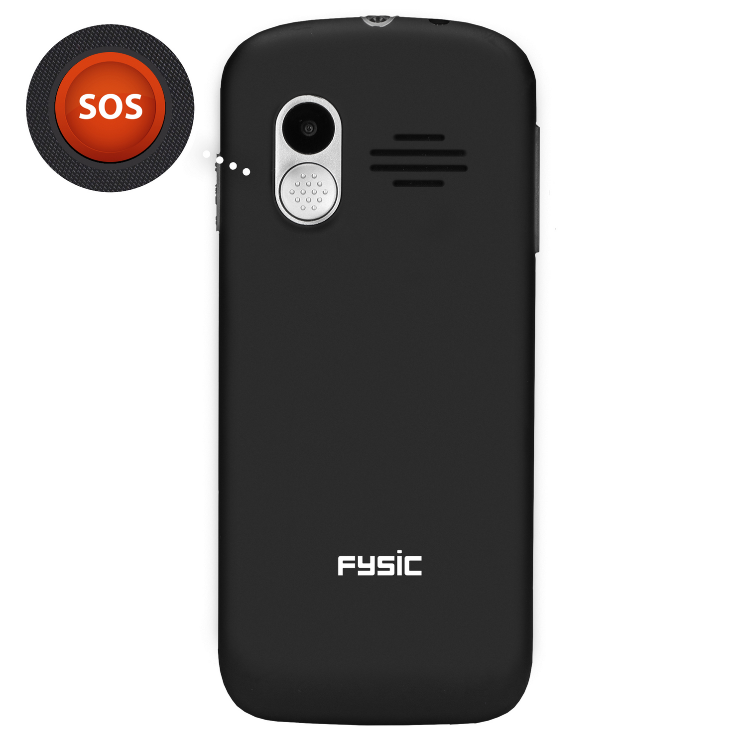 Black cell phone with SOS button and rear camera. The camera has a flash.