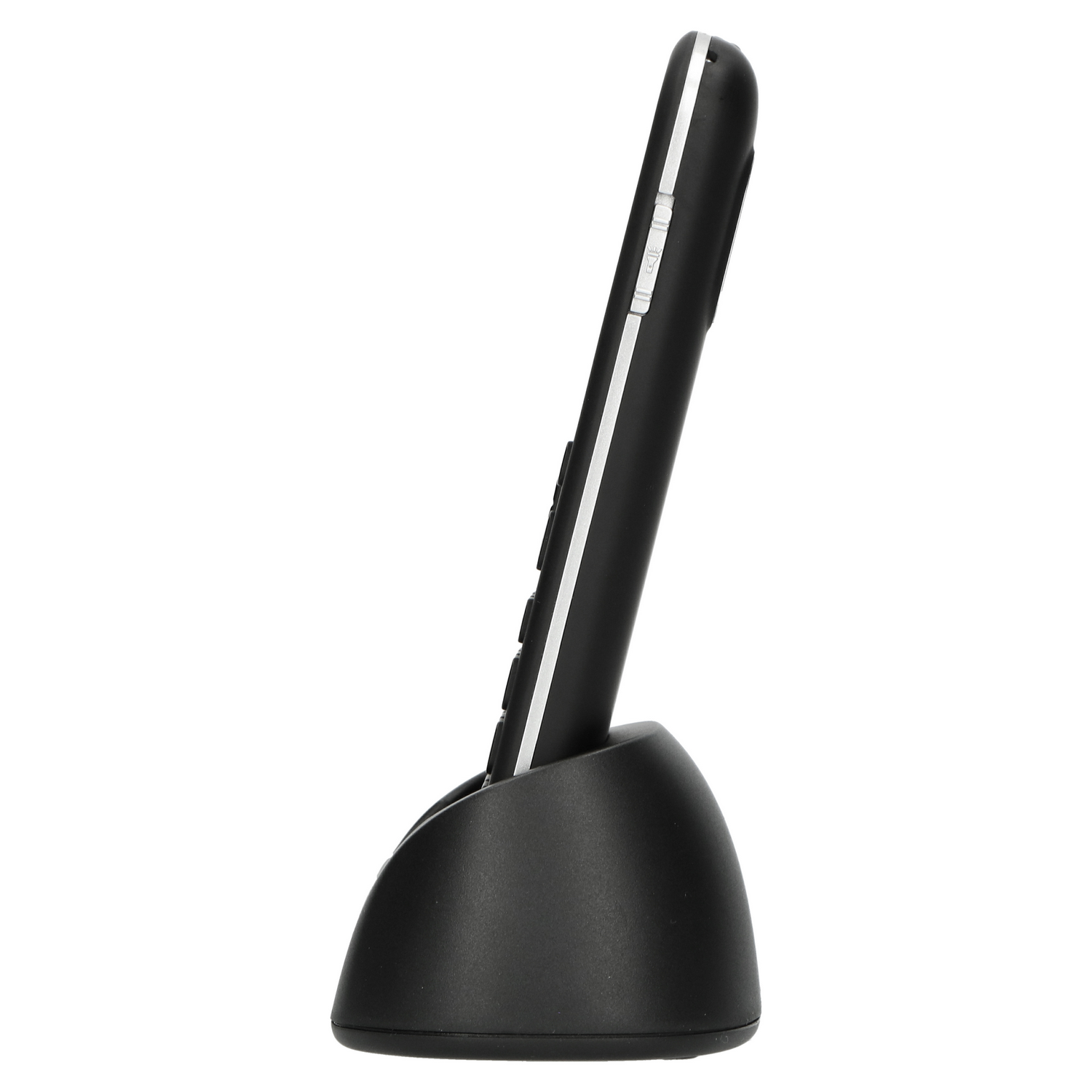 Black cordless phone on a black base. The phone is angled, showing buttons and screen.