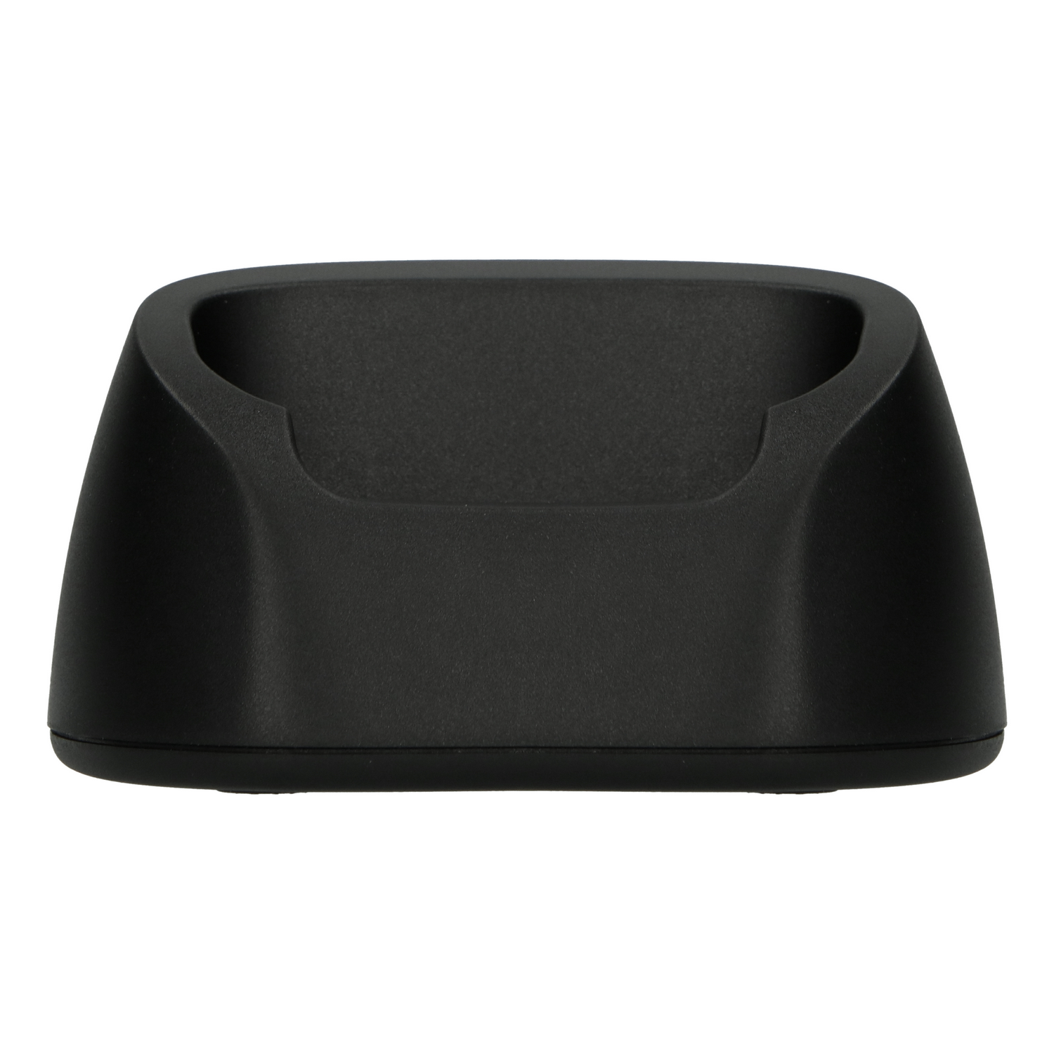 Black plastic charging base with a curved top for a device.
