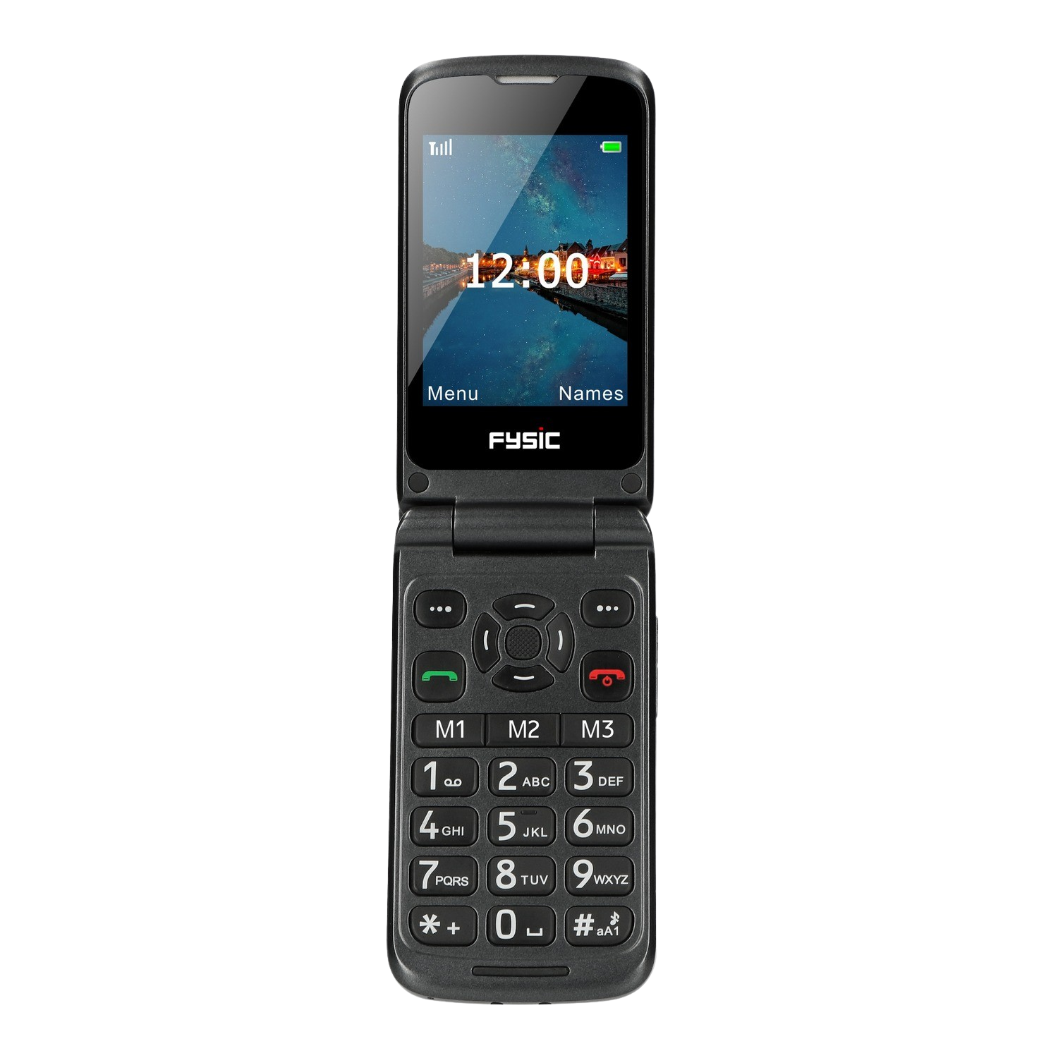 A black flip phone opened, displaying the time and a menu of options.