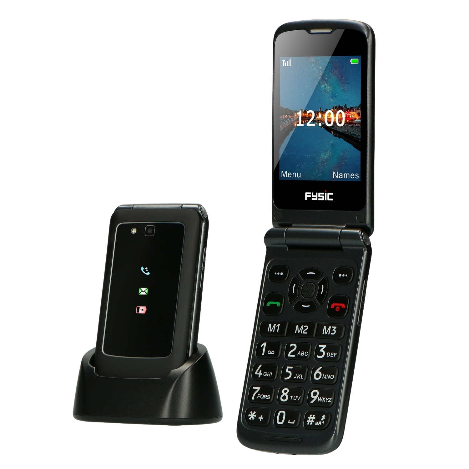 A flip phone and its charging station, both in black, against a dark background. The phone is open.
