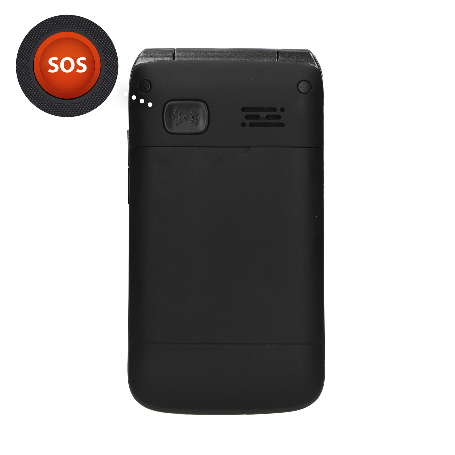 Black mobile phone with an SOS button. The phone has a speaker and a charging point.