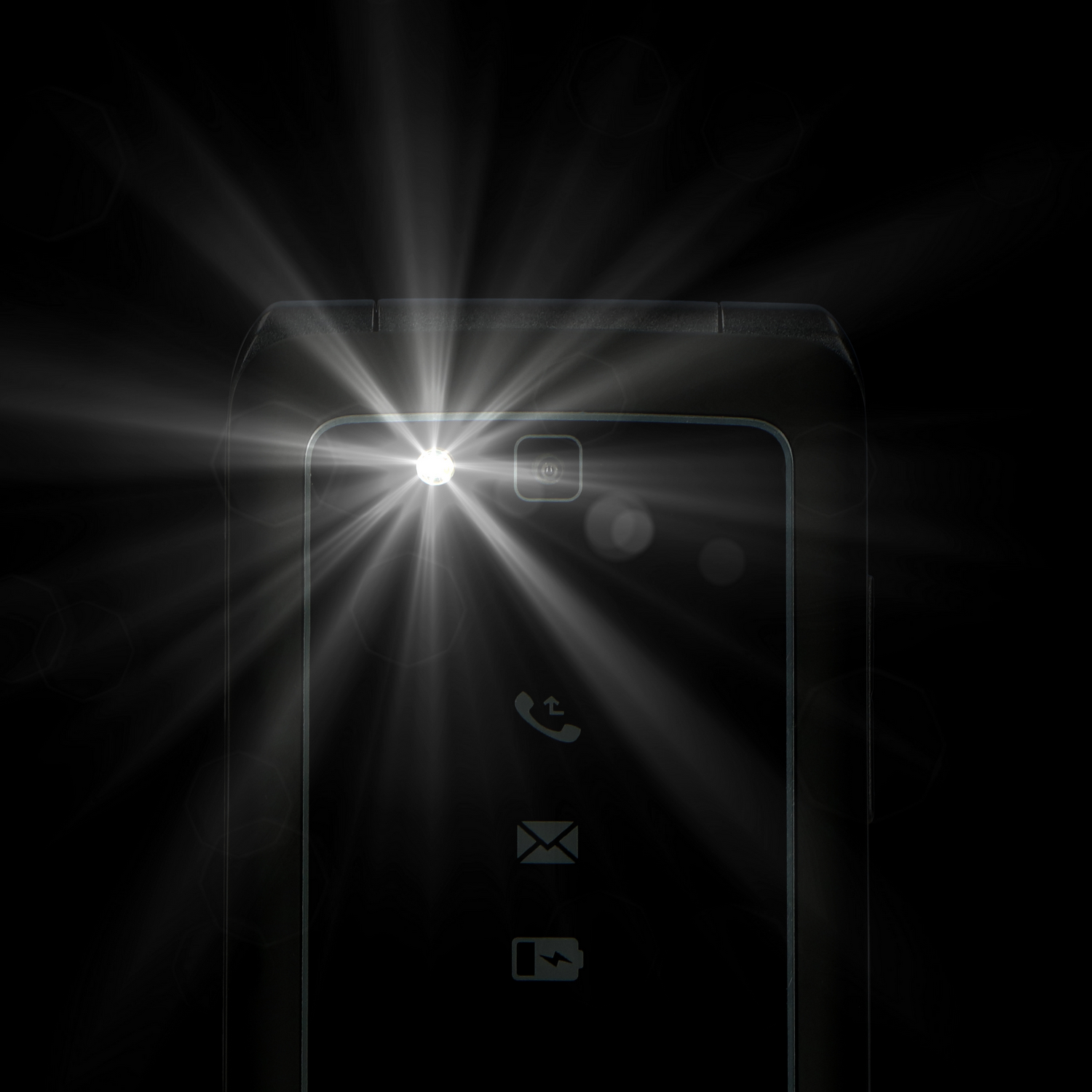 Close-up of a black cell phone showing the flash is turned on, with light rays emanating.