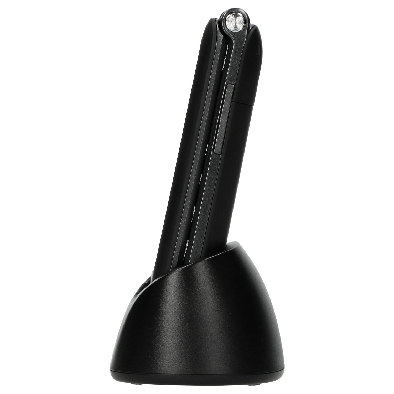 A black phone on a black stand, angled, with a silver top detail.