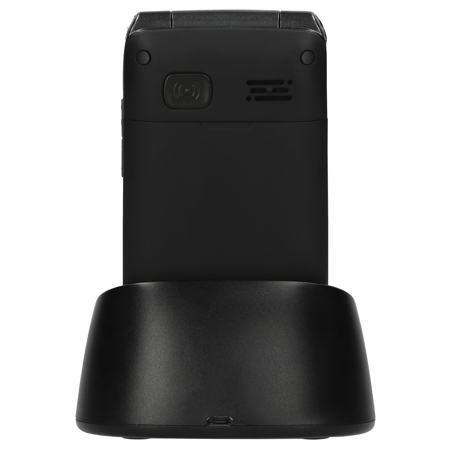 Black phone on a stand. Back side view, with camera and speaker.