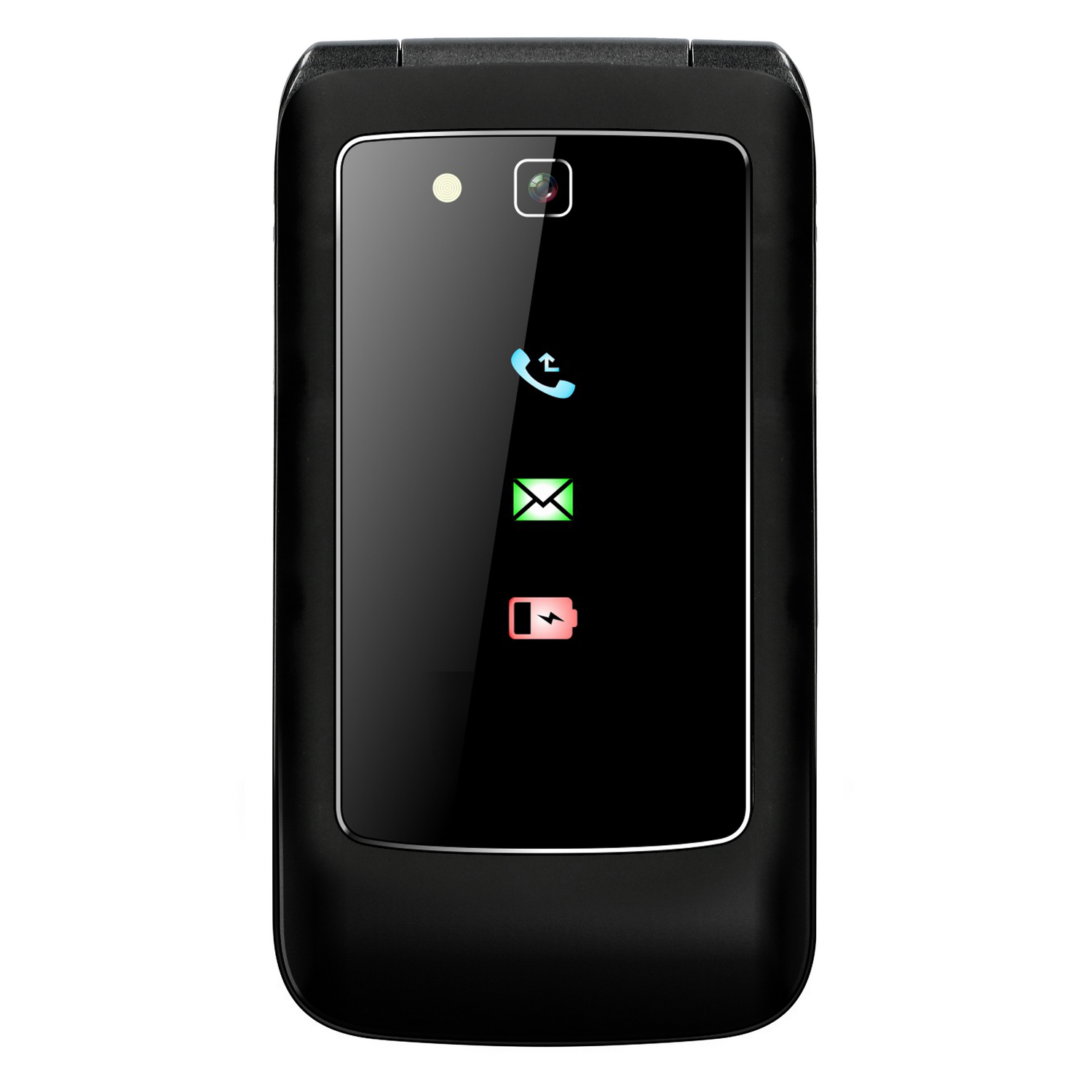 A closed black flip phone with a camera and icons for call, message, and battery.