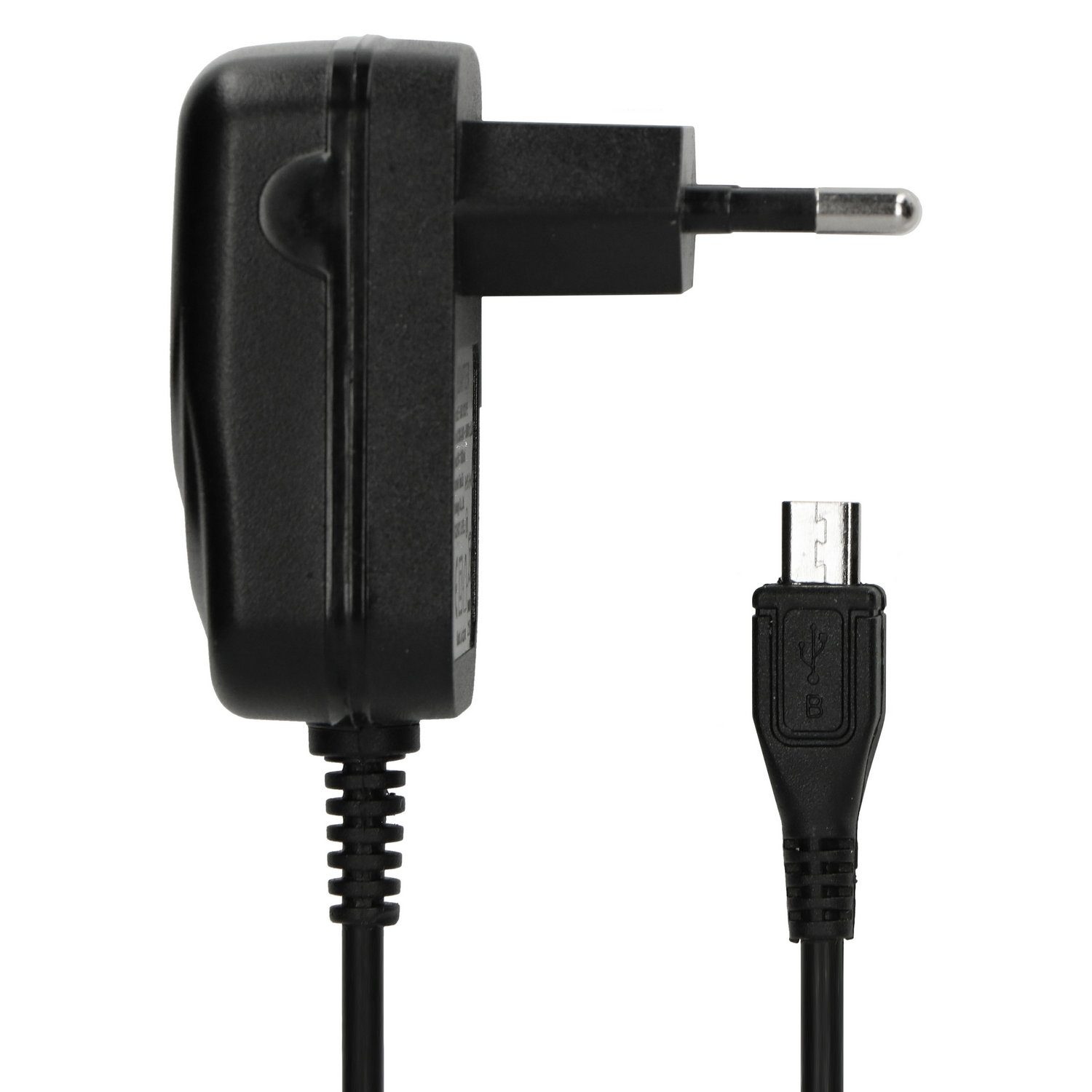 A black charger with a micro USB cable attached.