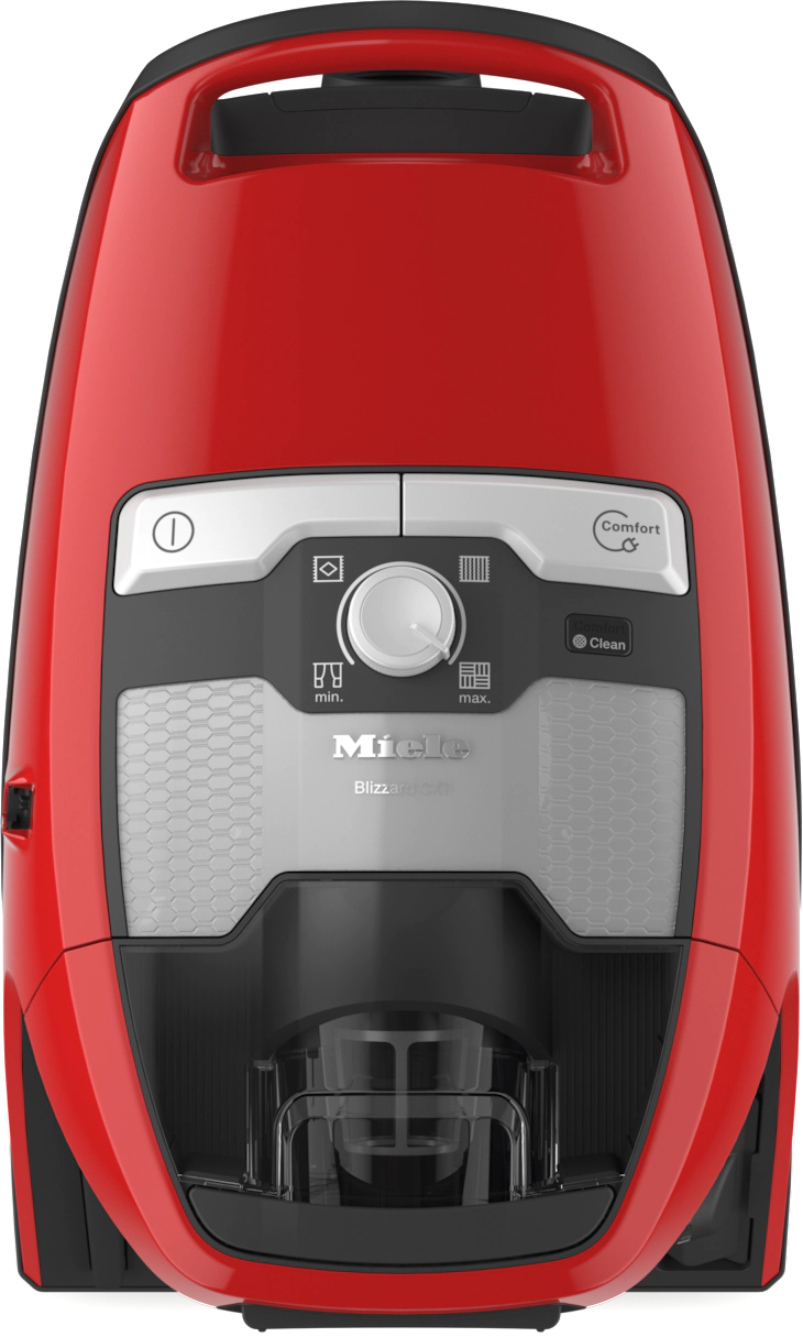 Ein roter Miele-Staubsauger, von vorne gesehen, mit einem Bedienfeld oben.