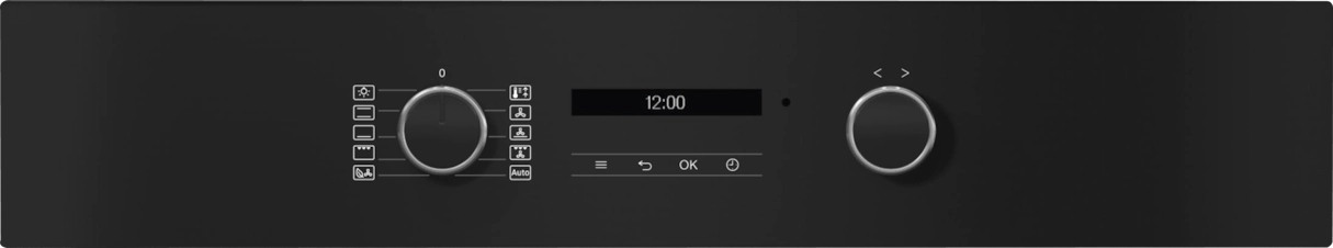 Schwarzes Backofen-Bedienfeld mit Knöpfen und einem Digitaldisplay mit Uhrzeit.