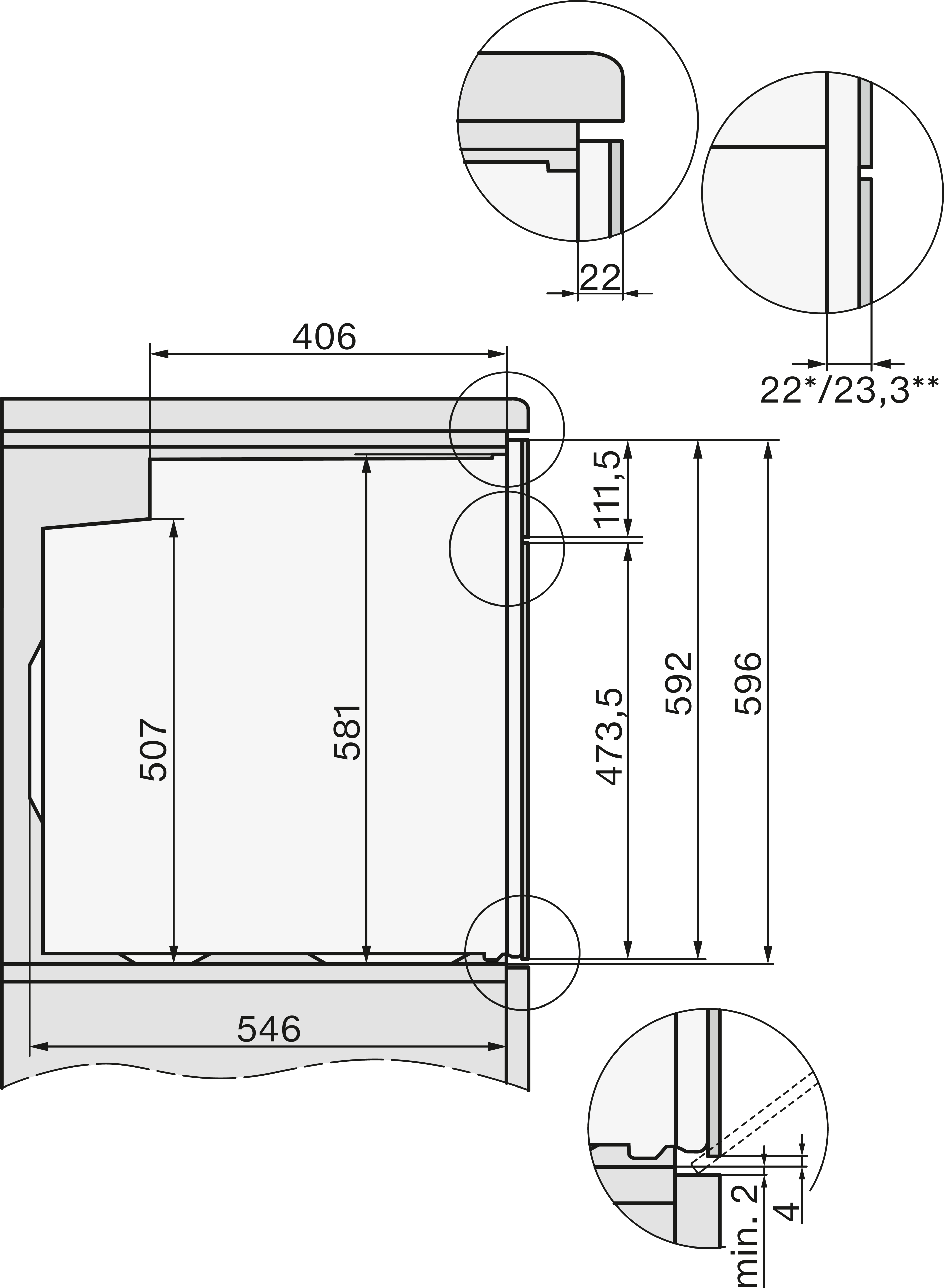 Diagramm mit Abmessungen und Details eines Einbaugeräts, Abmessungen in mm.