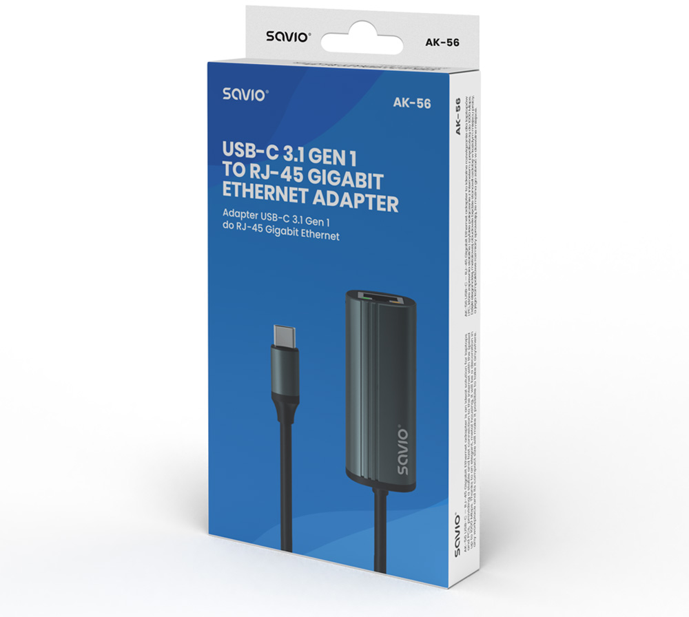 Egy USB-C - RJ-45 Gigabit Ethernet adapter termékdoboza.
