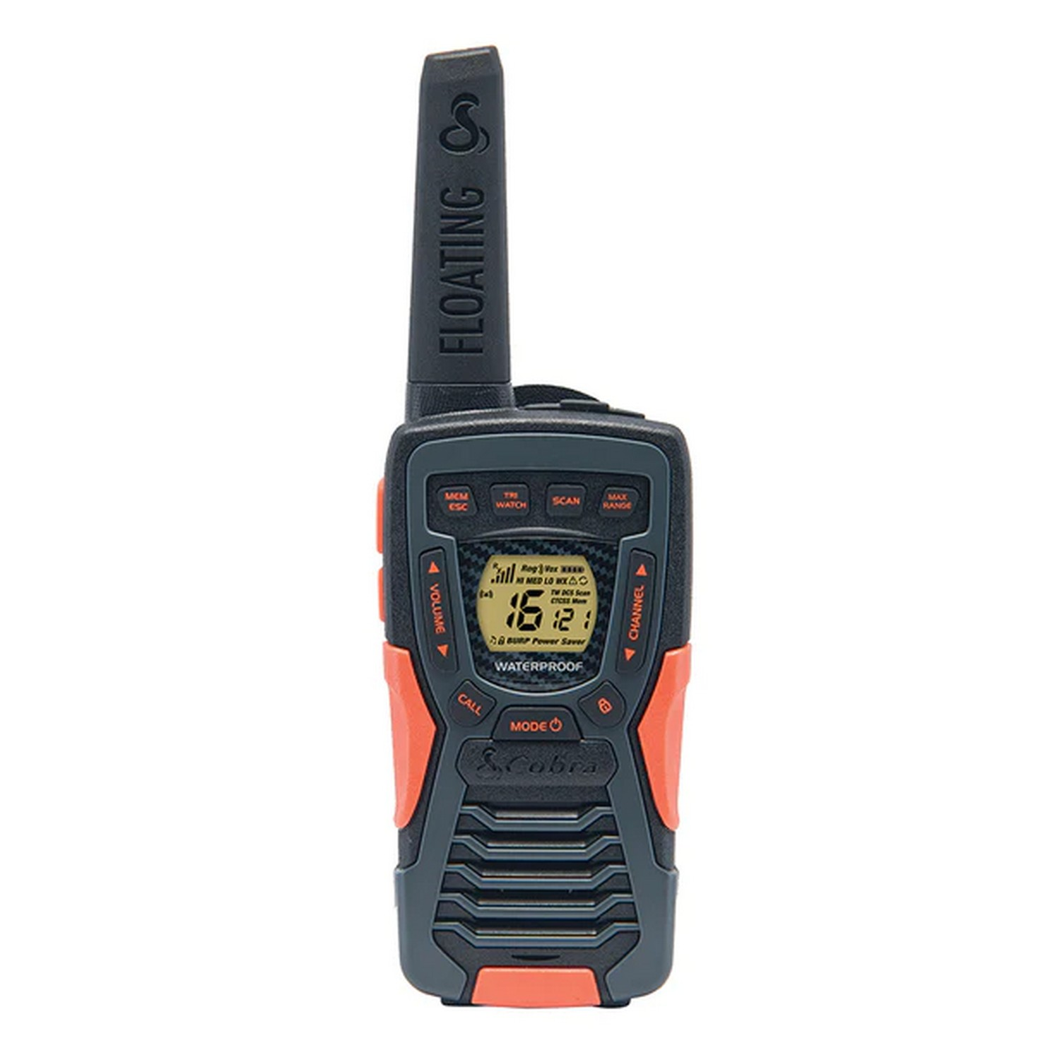 Une radio flottante étanche orange et grise avec un écran, des boutons et une poignée.