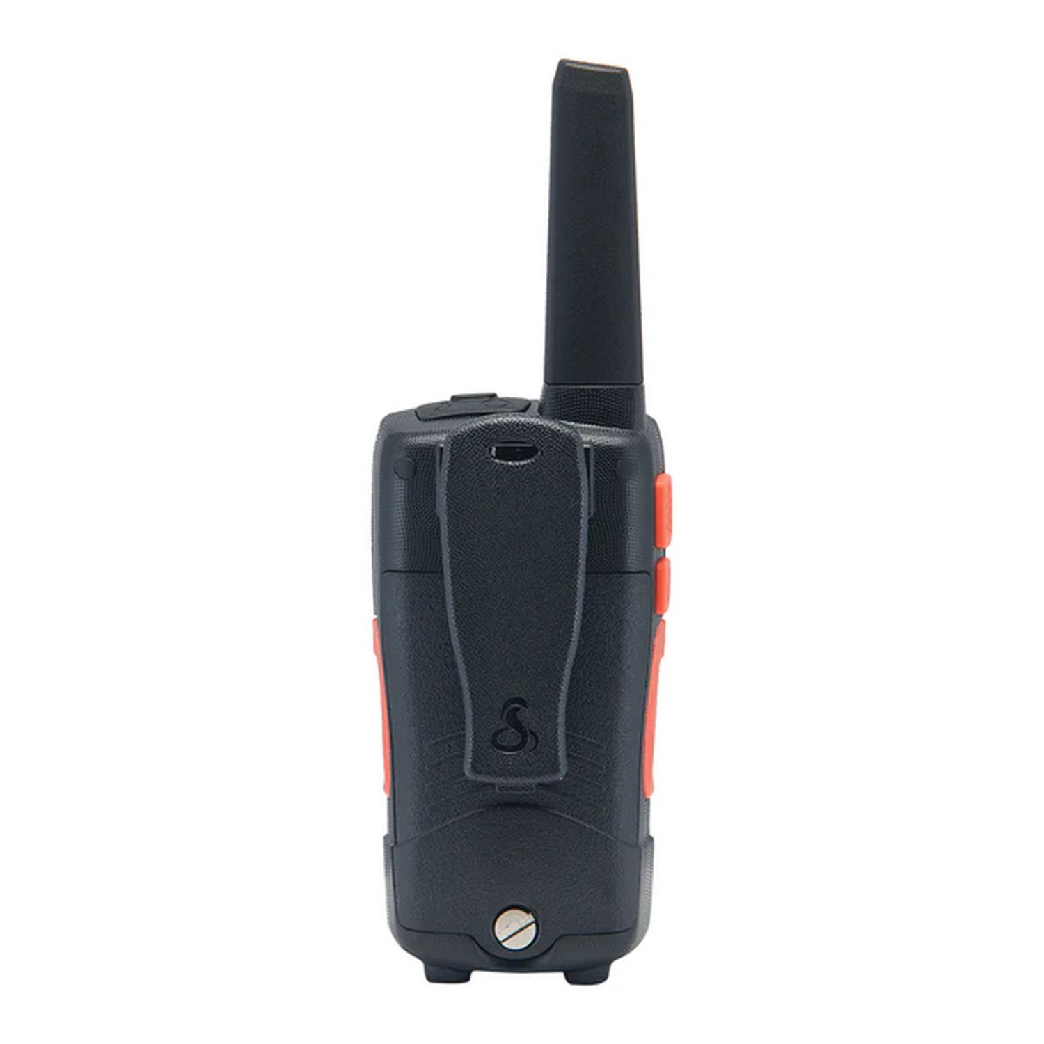Talkie-walkie noir avec boutons orange, antenne et clip de ceinture.
