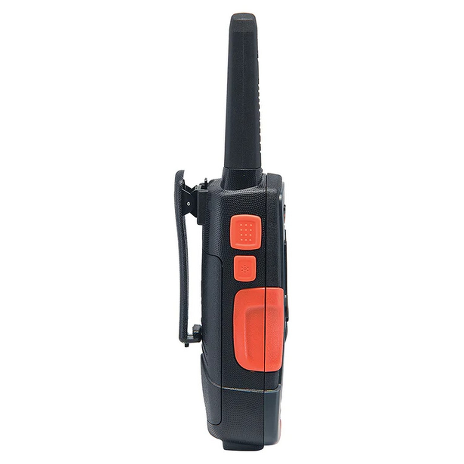 Talkie-walkie noir et orange, vue latérale, avec boutons et antenne.