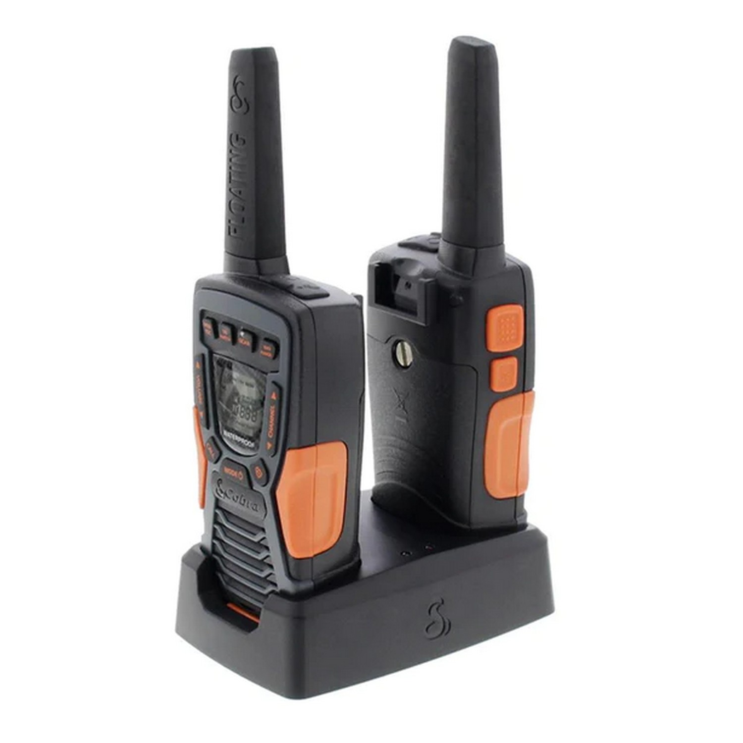 Deux talkies-walkies noirs et oranges sur une base de chargement. Les appareils sont étiquetés.