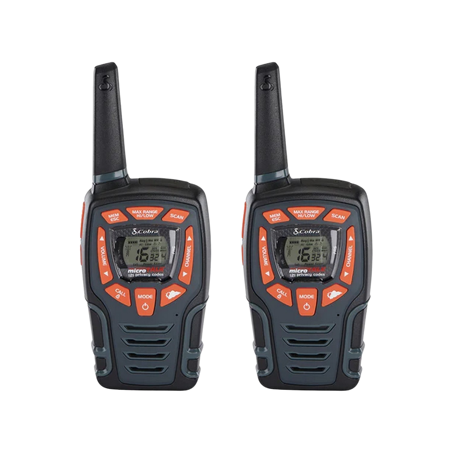 Deux talkies-walkies noirs et gris avec des écrans numériques. Ils ont des antennes et des boutons orange.