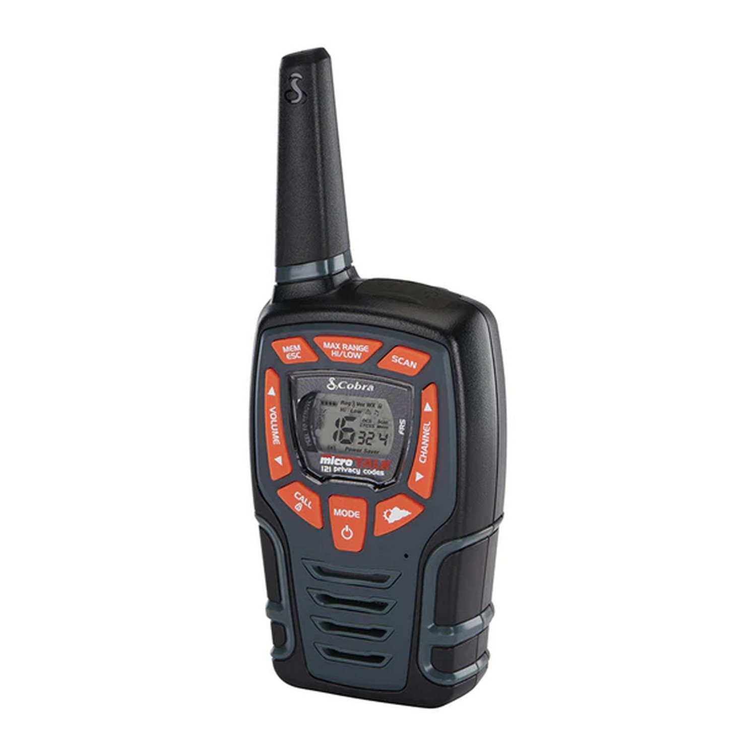 Une radio portable noire et orange avec des boutons, un écran et une antenne.