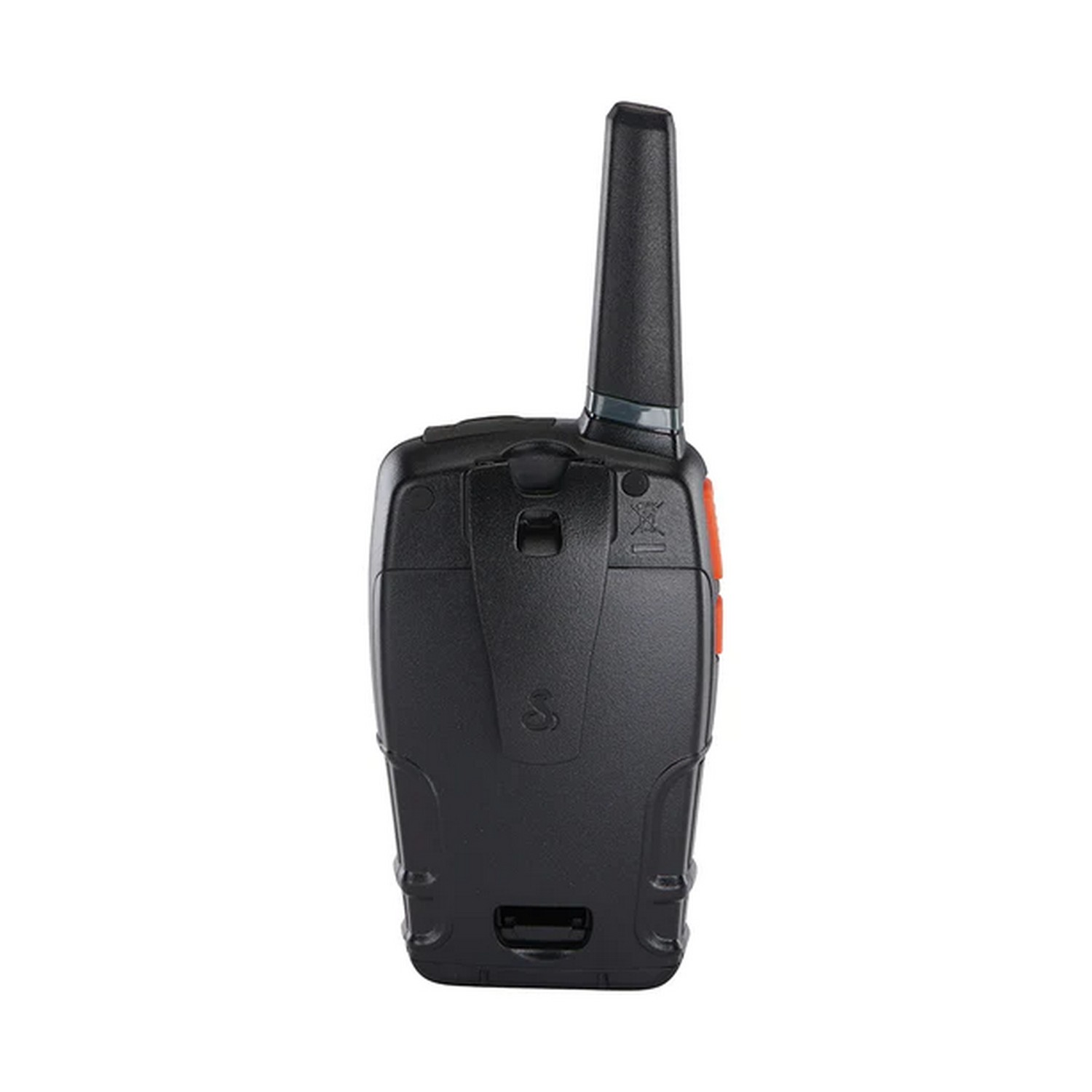 Talkie-walkie noir, montrant l'arrière de l'appareil et l'antenne.