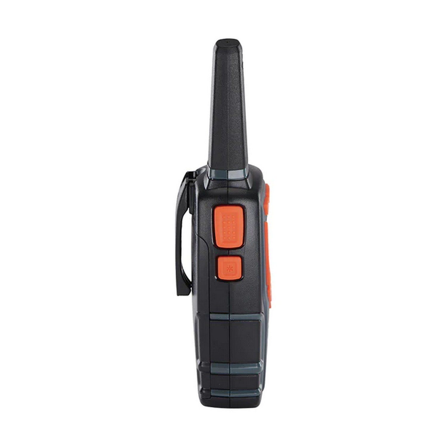 Un talkie-walkie noir et orange avec des boutons et une antenne.