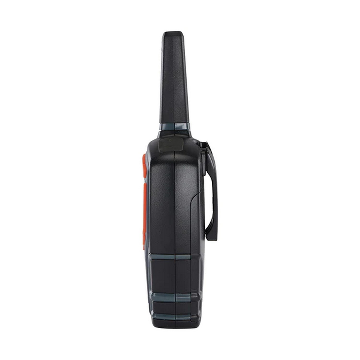 Talkie-walkie noir et orange. Le côté a des boutons orange.