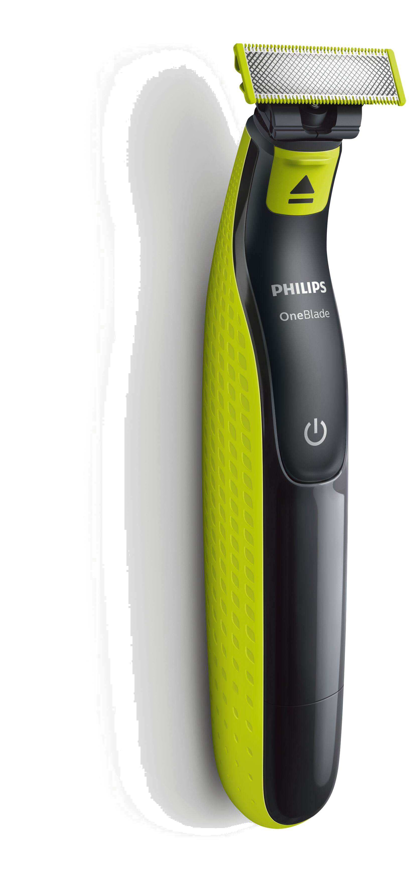 Beyaz bir arka plan üzerinde siyah ve yeşil bir Philips OneBlade elektrikli tıraş makinesi.