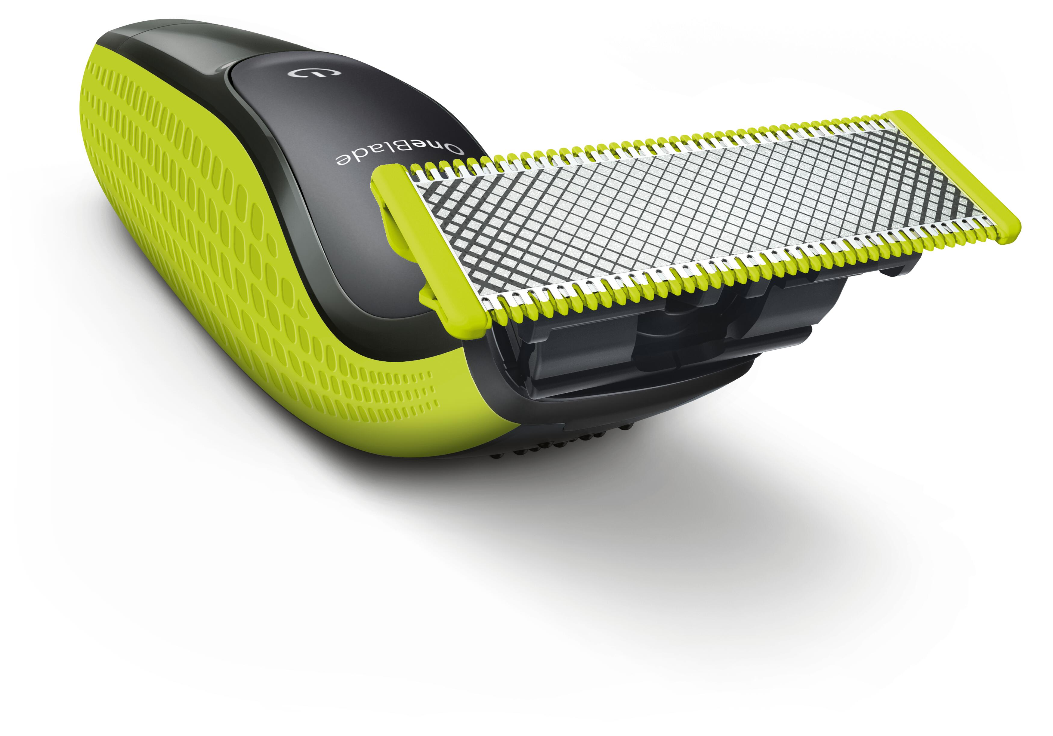 Sarı ve siyah bir Philips OneBlade düzeltici. Bıçak açık, kesme yüzeyini gösteriyor.