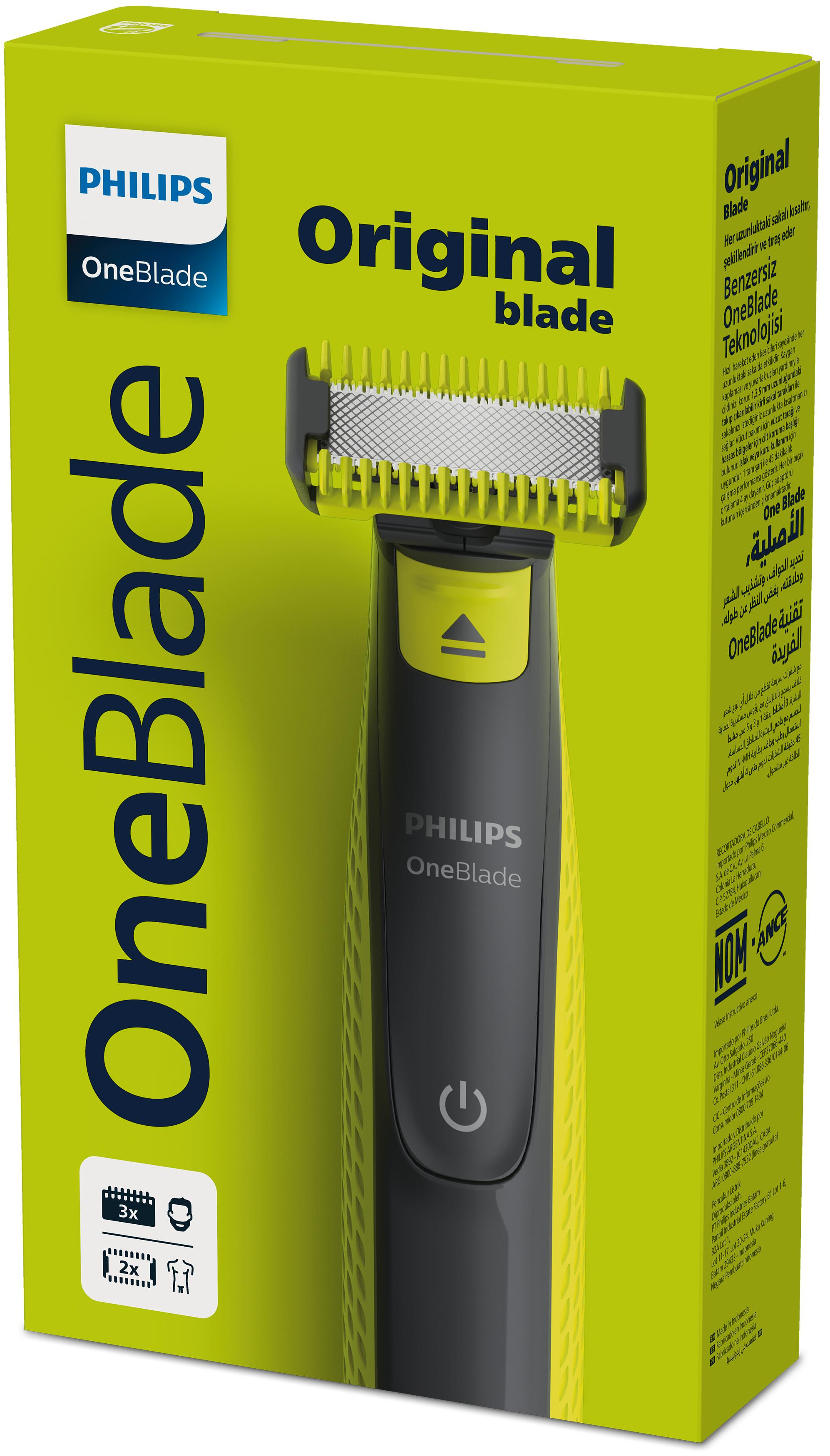 Yeşil ve sarı bir kutuda bir Philips OneBlade tıraş makinesi.