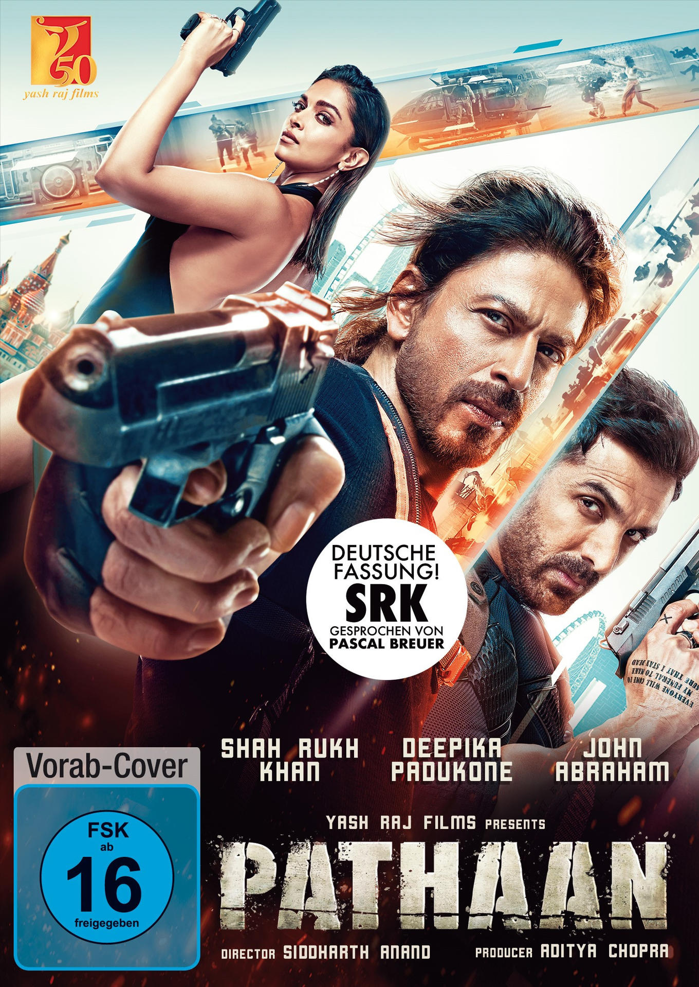 Filmcover mit Shah Rukh Khan, Deepika Padukone und John Abraham mit Waffen.