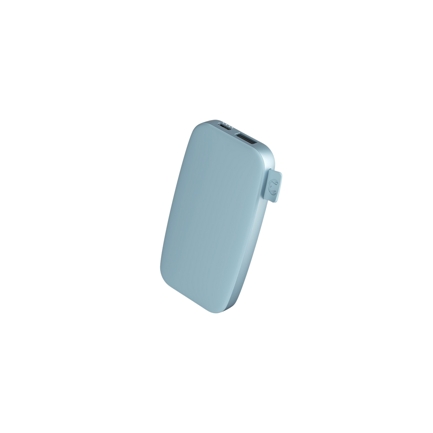 Une batterie externe bleu clair sur fond noir. Elle possède un port USB et une petite boucle.
