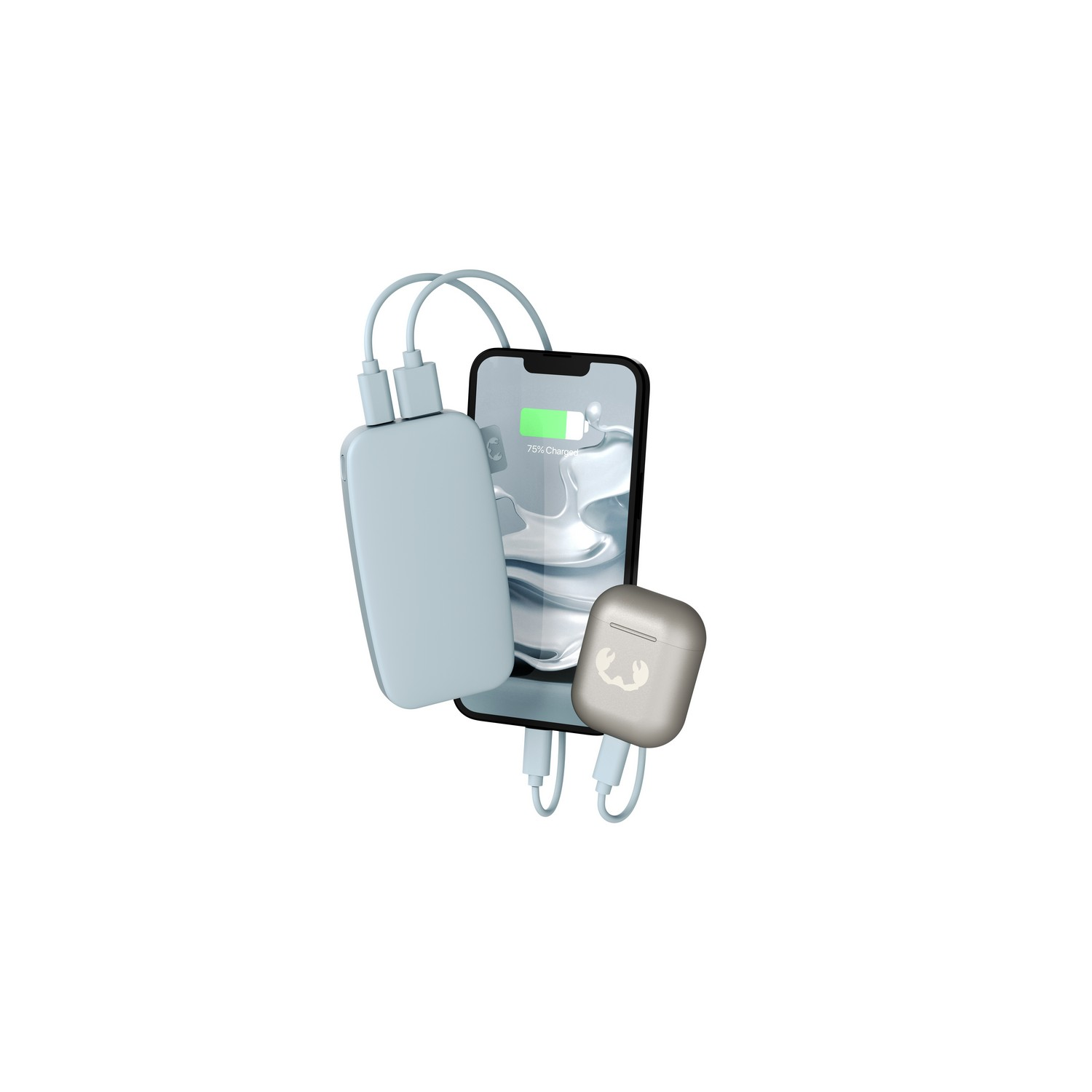 Un téléphone se charge avec une batterie externe et des écouteurs sans fil, sur fond blanc.
