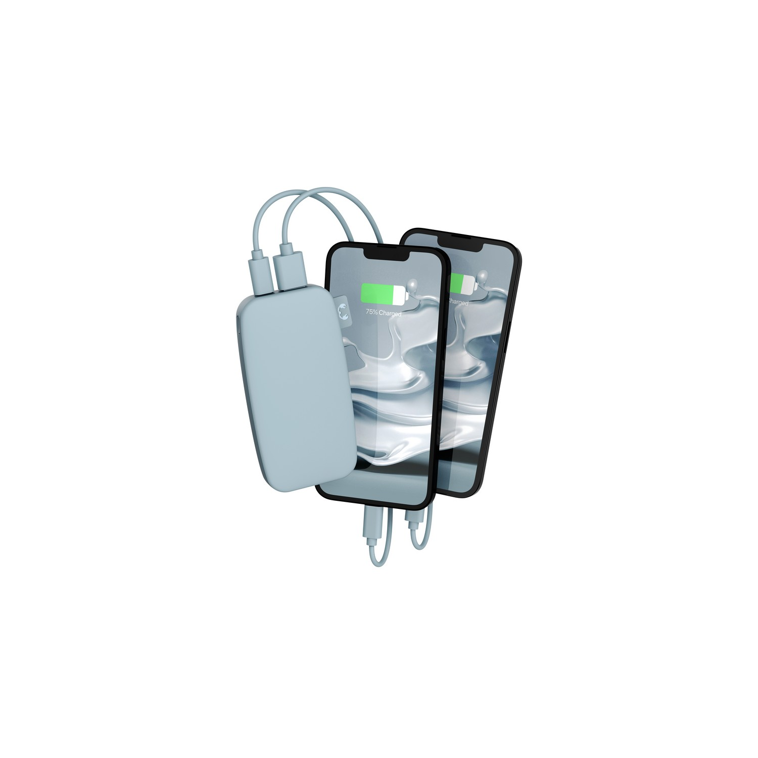 Trois téléphones connectés à une batterie externe bleu clair, un affichant 75% de charge.