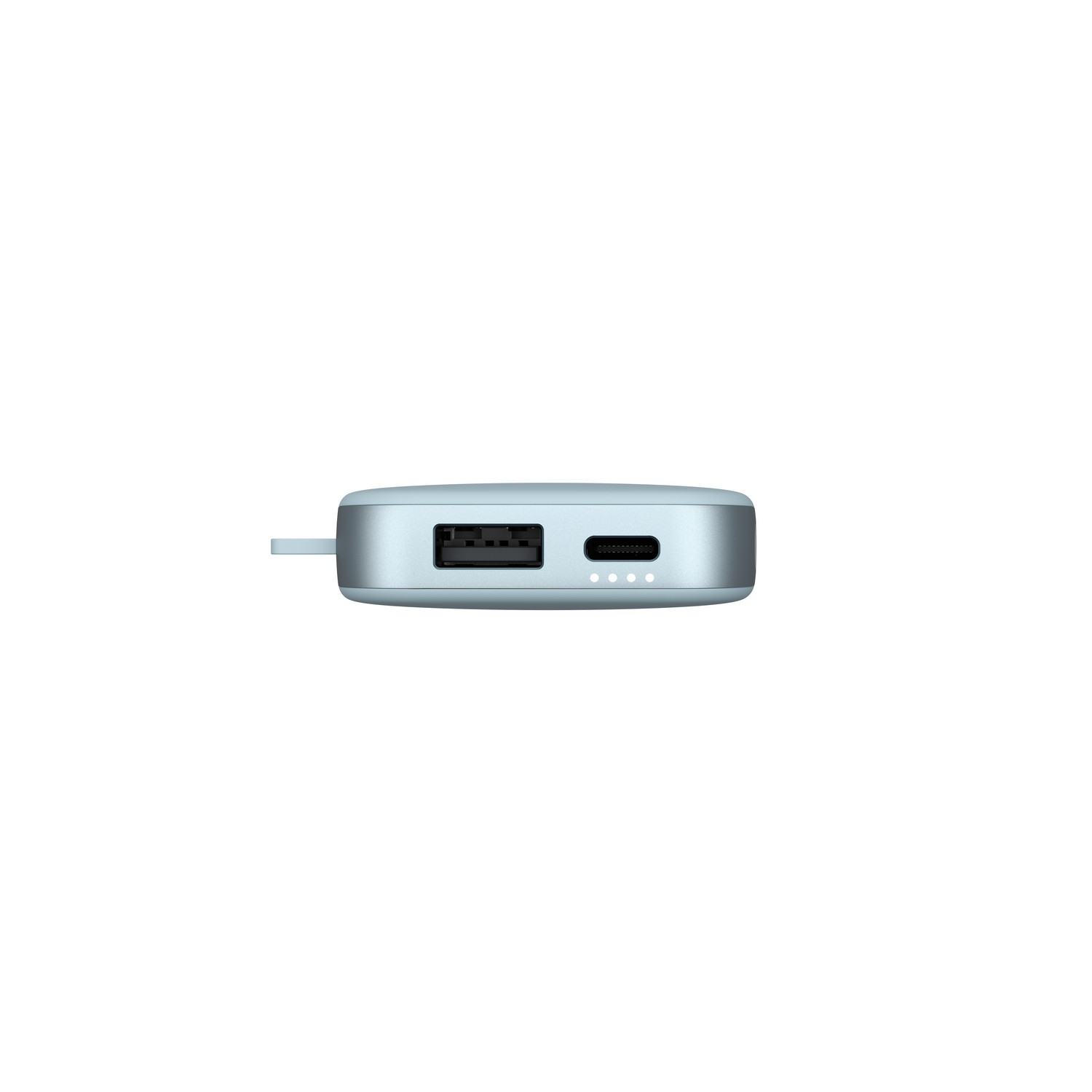 Une batterie externe bleu clair avec un port USB et un port USB-C.