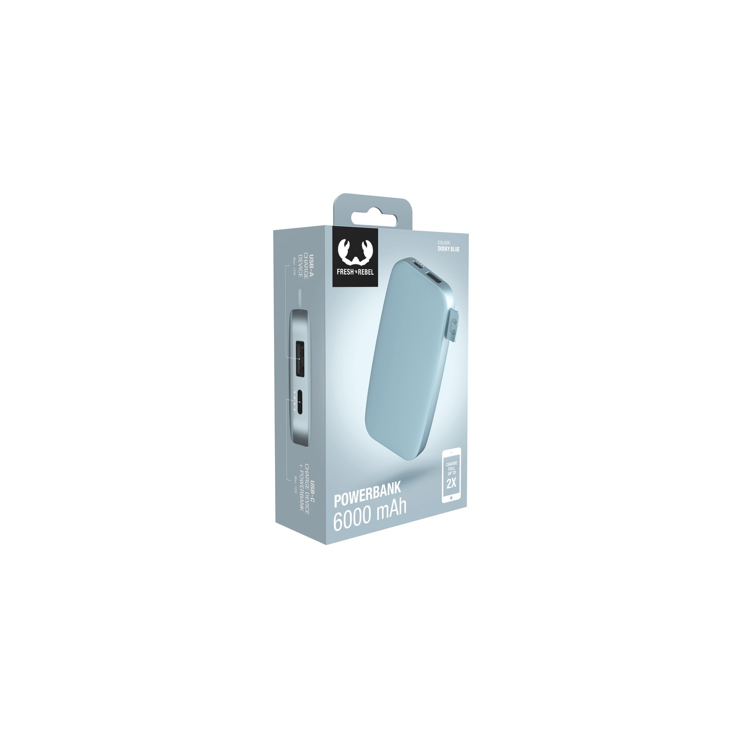 Une batterie externe Fresh 'n Rebel bleu clair dans sa boîte, avec une poignée. La boîte montre la batterie.